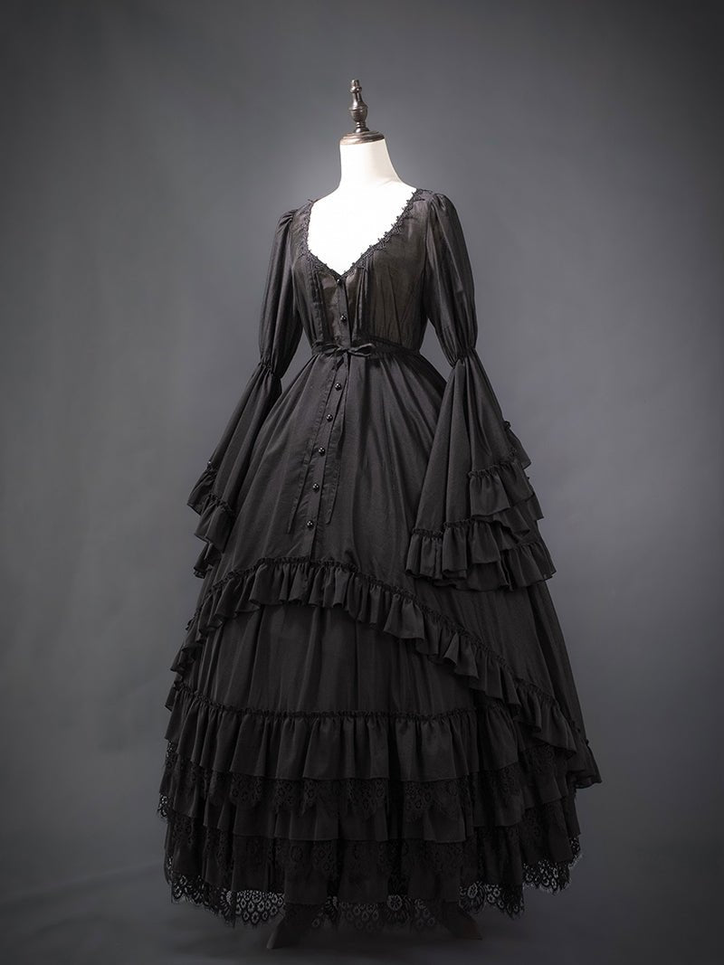 Victorian - Inspired Black Gothic Lolita Ball Gown with Lace Trim and Tiered Skirt – Edwardian Tencel Dress Plus Size - WonderlandByLilian