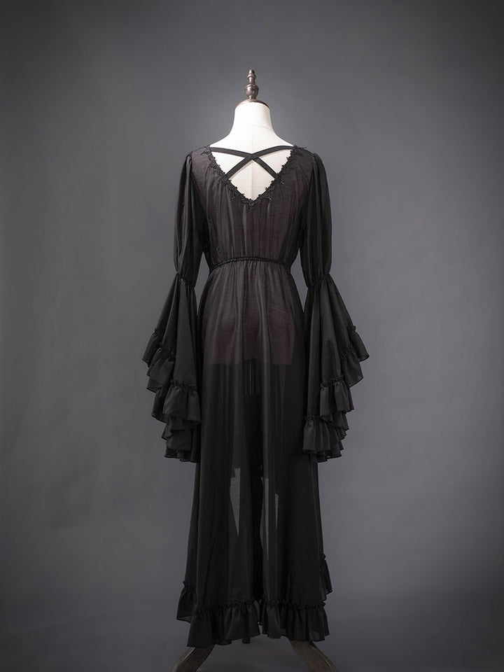 Victorian - Inspired Black Gothic Lolita Ball Gown with Lace Trim and Tiered Skirt – Edwardian Tencel Dress Plus Size - WonderlandByLilian