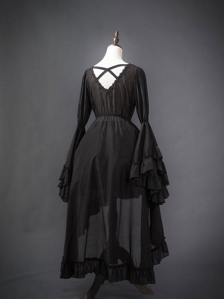 Victorian - Inspired Black Gothic Lolita Ball Gown with Lace Trim and Tiered Skirt – Edwardian Tencel Dress Plus Size - WonderlandByLilian