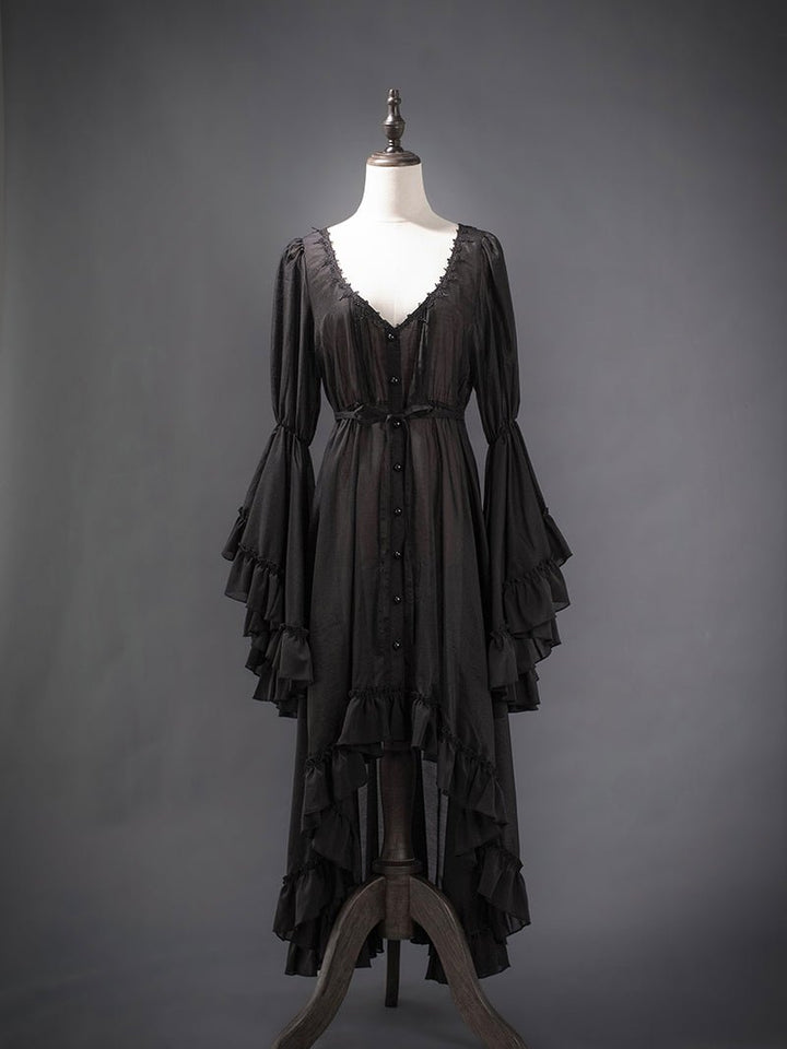 Victorian - Inspired Black Gothic Lolita Ball Gown with Lace Trim and Tiered Skirt – Edwardian Tencel Dress Plus Size - WonderlandByLilian