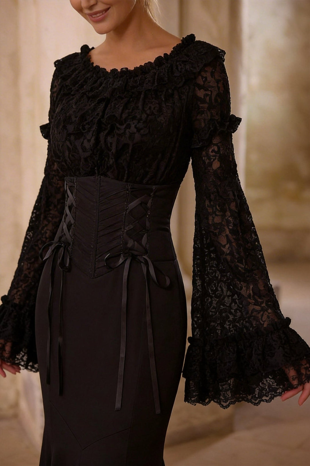 Victorian - Inspired Black Gothic Long Sleeve Velvet Evening Dress with Corset Waist – Lace Evening Gown Plus Size - WonderlandByLilian