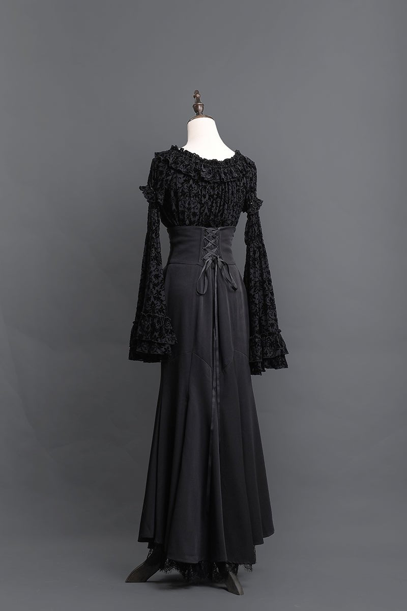Victorian - Inspired Black Gothic Long Sleeve Velvet Evening Dress with Corset Waist – Lace Evening Gown Plus Size - WonderlandByLilian