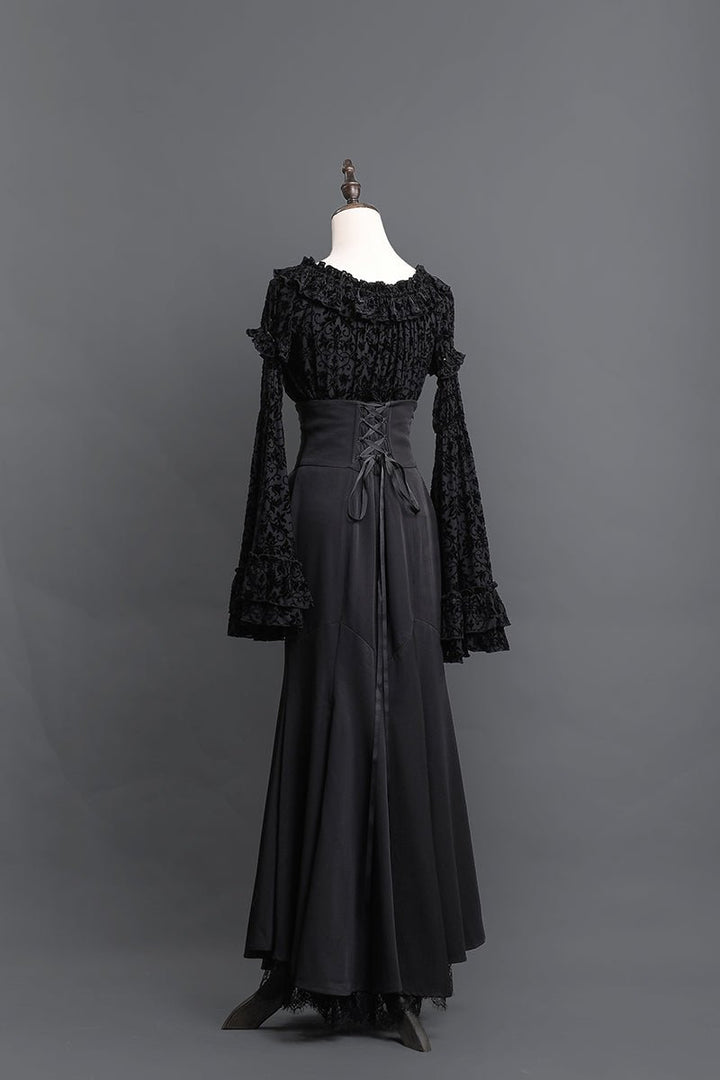 Victorian - Inspired Black Gothic Long Sleeve Velvet Evening Dress with Corset Waist – Lace Evening Gown Plus Size - WonderlandByLilian