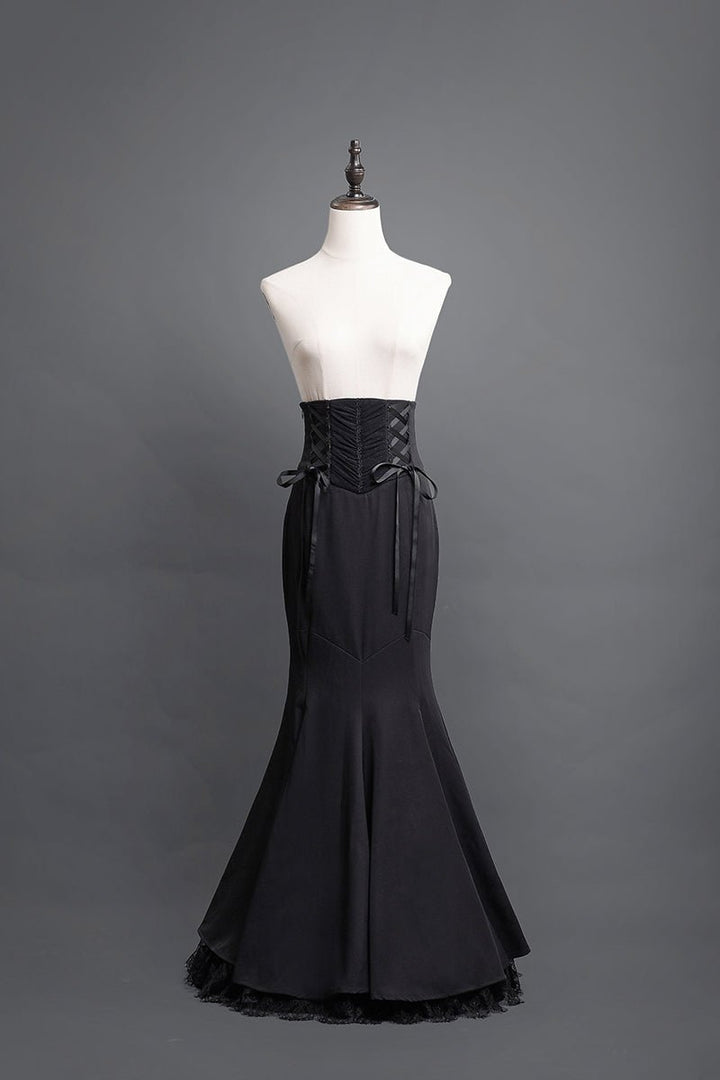 Victorian - Inspired Black Gothic Long Sleeve Velvet Evening Dress with Corset Waist – Lace Evening Gown Plus Size - WonderlandByLilian