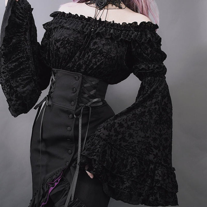 Victorian - Inspired Black Gothic Long Sleeve Velvet Evening Dress with Corset Waist – Lace Evening Gown Plus Size - WonderlandByLilian
