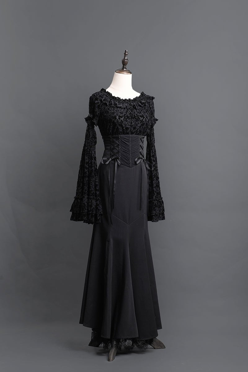 Victorian - Inspired Black Gothic Long Sleeve Velvet Evening Dress with Corset Waist – Lace Evening Gown Plus Size - WonderlandByLilian