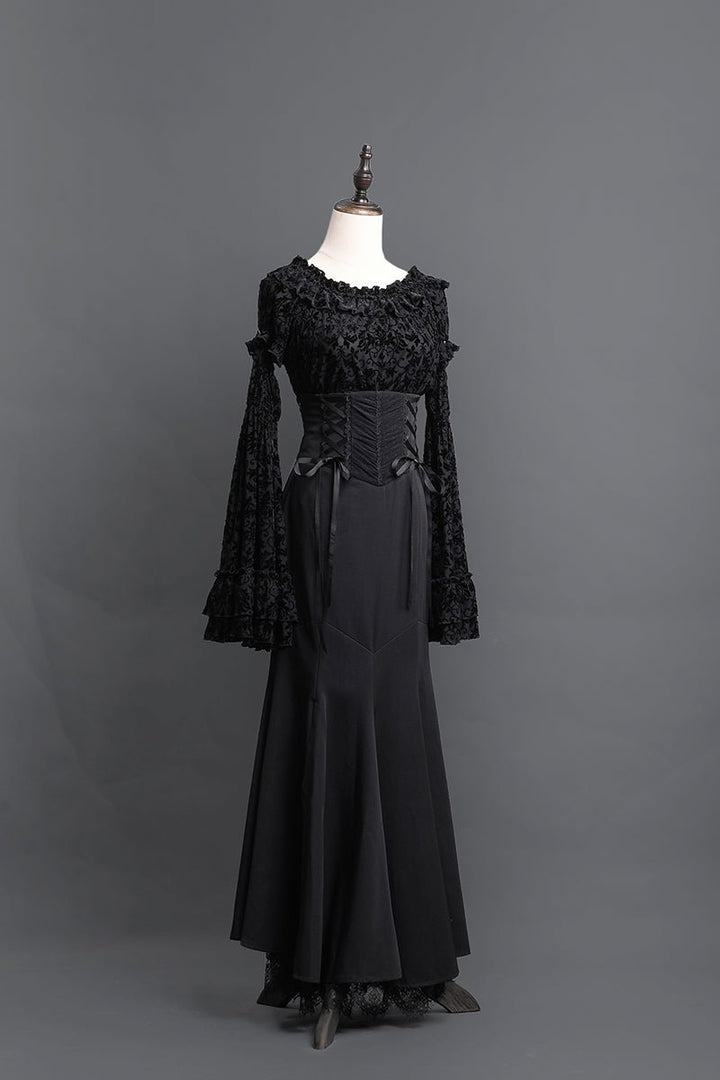 Victorian - Inspired Black Gothic Long Sleeve Velvet Evening Dress with Corset Waist – Lace Evening Gown Plus Size - WonderlandByLilian