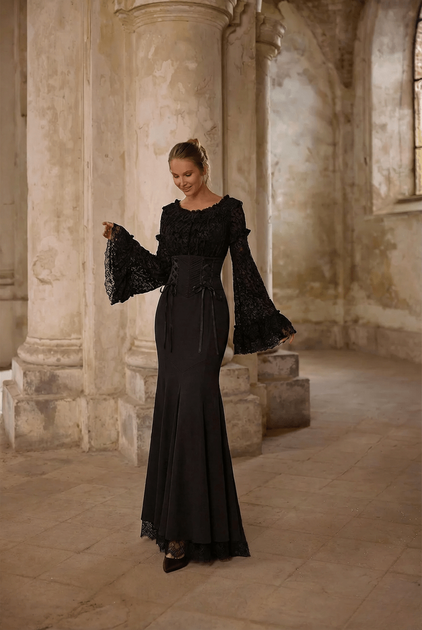 Victorian - Inspired Black Gothic Long Sleeve Velvet Evening Dress with Corset Waist – Lace Evening Gown Plus Size - WonderlandByLilian