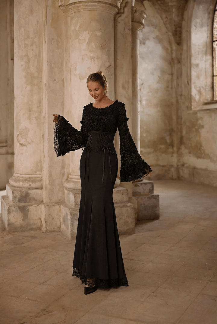 Victorian - Inspired Black Gothic Long Sleeve Velvet Evening Dress with Corset Waist – Lace Evening Gown Plus Size - WonderlandByLilian