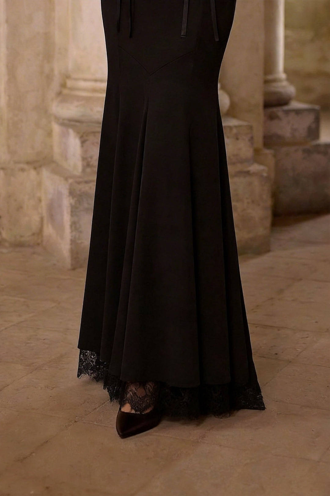Victorian - Inspired Black Gothic Long Sleeve Velvet Evening Dress with Corset Waist – Lace Evening Gown Plus Size - WonderlandByLilian