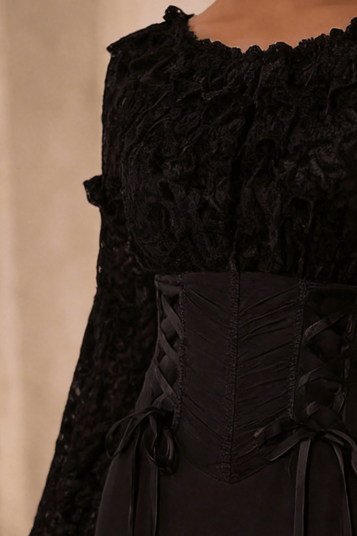 Victorian - Inspired Black Gothic Long Sleeve Velvet Evening Dress with Corset Waist – Lace Evening Gown Plus Size - WonderlandByLilian