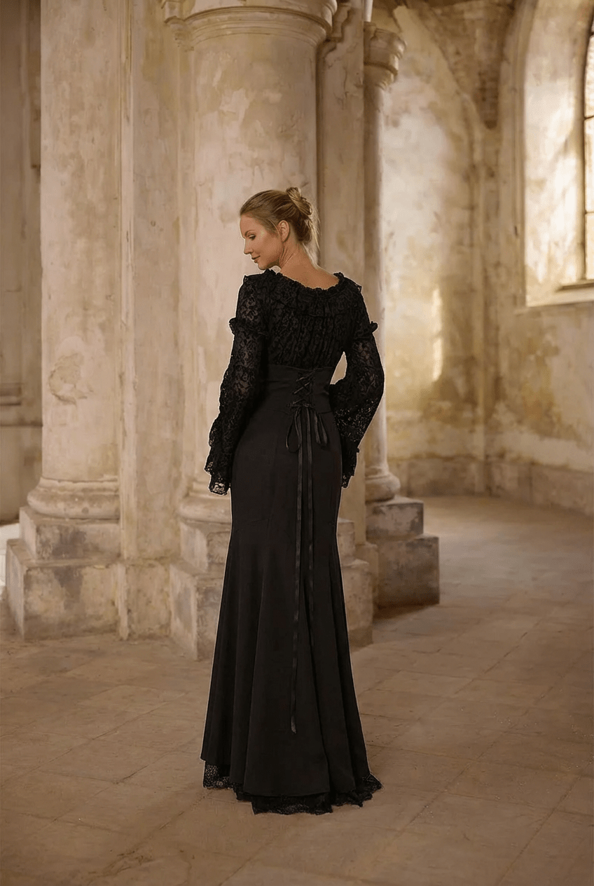 Victorian - Inspired Black Gothic Long Sleeve Velvet Evening Dress with Corset Waist – Lace Evening Gown Plus Size - WonderlandByLilian