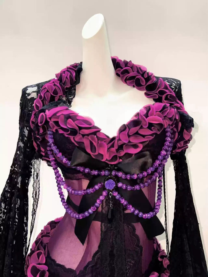 Victorian - Inspired Gothic Black and Purple Lace Corset Dress with Sheer Mermaid Skirt – Black Sexy Dress Plus Size - WonderlandByLilian