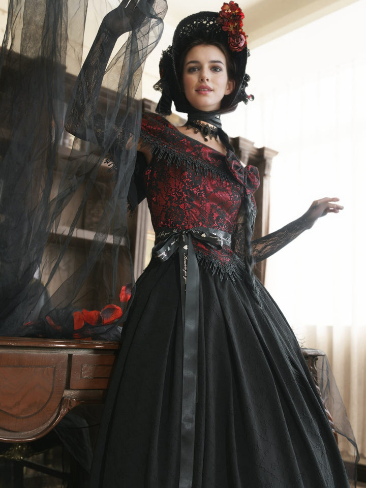 Victorian - Inspired Gothic Black and Red Gothic Dress with Satin Corset Bodice – Off - Shoulder Ball Gown Plus Size - WonderlandByLilian