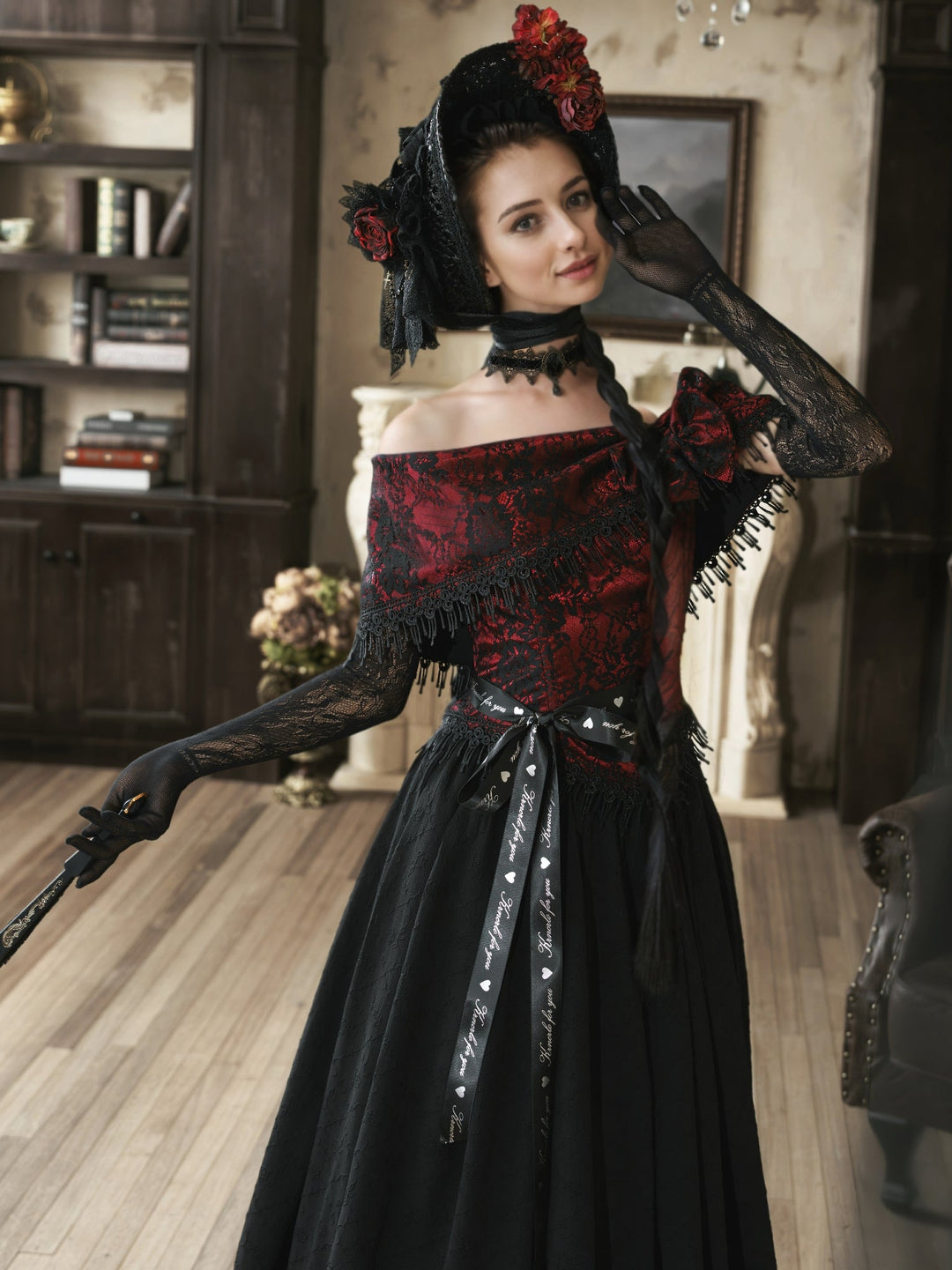 Victorian - Inspired Gothic Black and Red Gothic Dress with Satin Corset Bodice – Off - Shoulder Ball Gown Plus Size - WonderlandByLilian