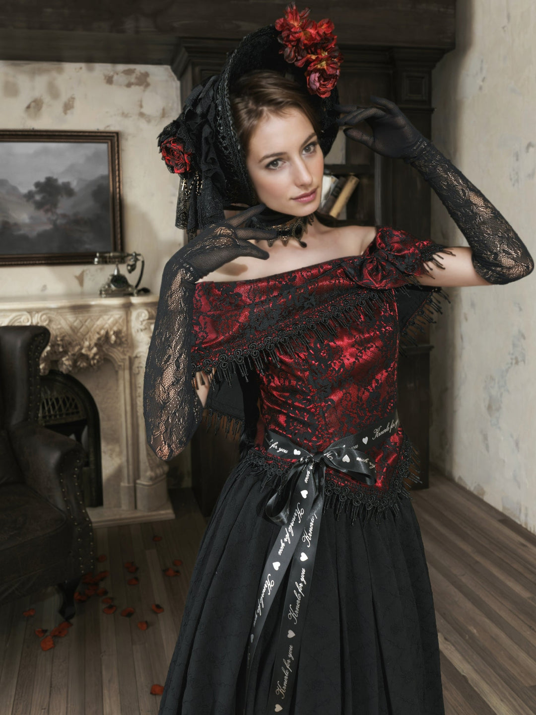 Victorian - Inspired Gothic Black and Red Gothic Dress with Satin Corset Bodice – Off - Shoulder Ball Gown Plus Size - WonderlandByLilian