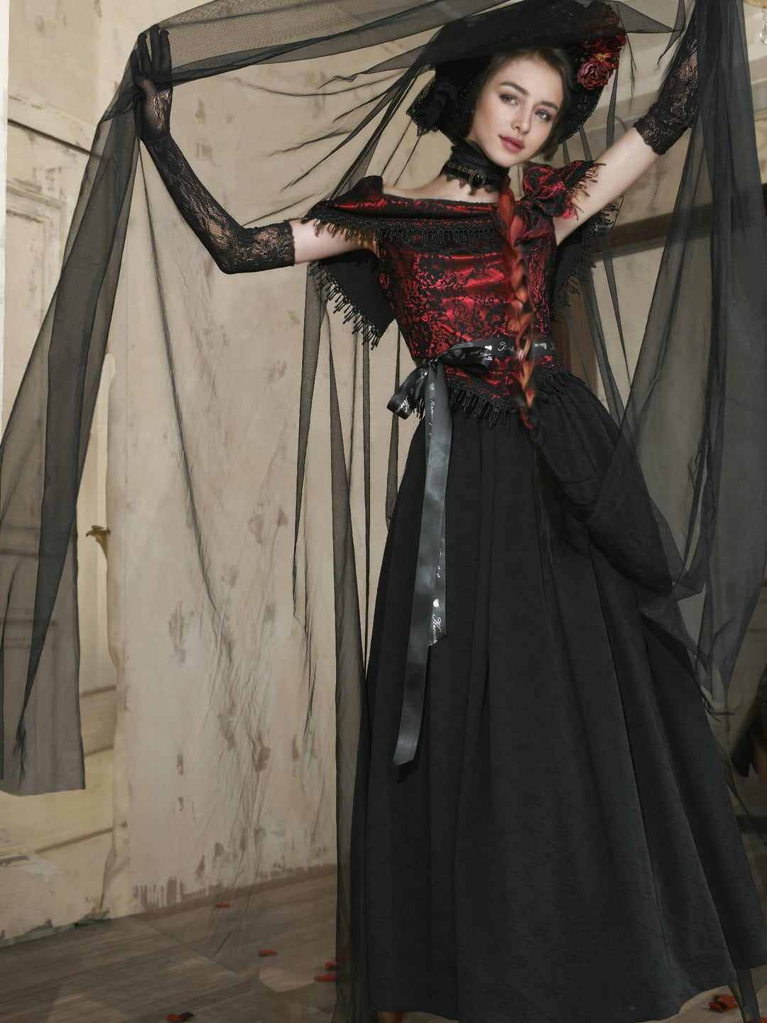 women's dark red and black off the shoulder dress gothic Victorian-Inspired Gothic Black and Red Gothic Dress with Satin Corset Bodice – Off-Shoulder Ball Gown Plus Size
