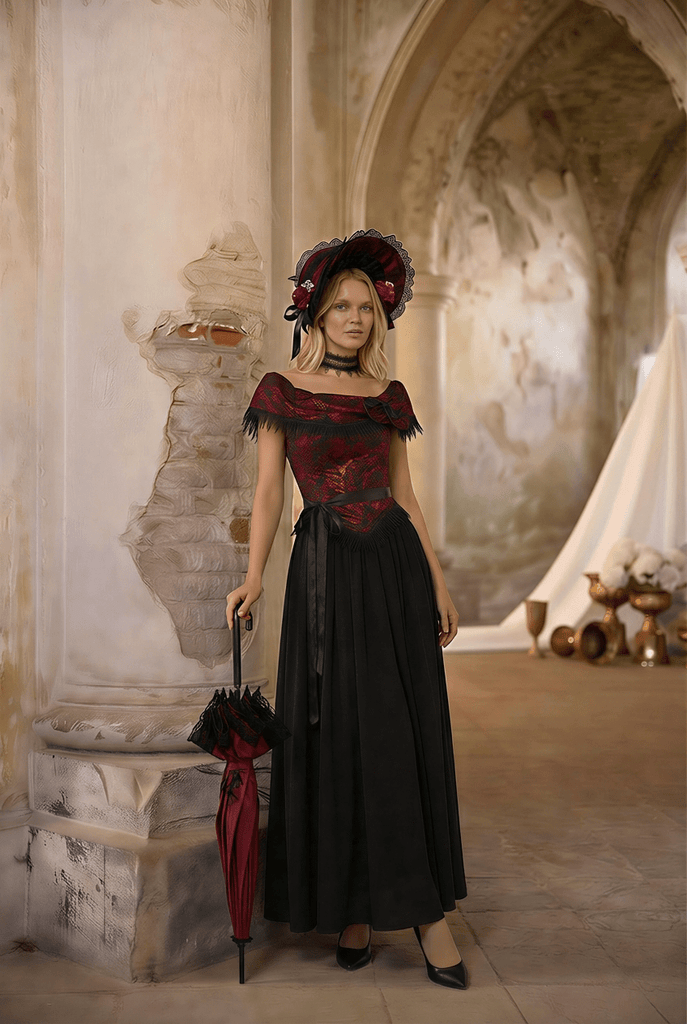 victorian black and red dress Prom Dress Victorian Dress Rococo Ball Gown Half Sleeves Dark Red Vintage Dress Black Burgundy