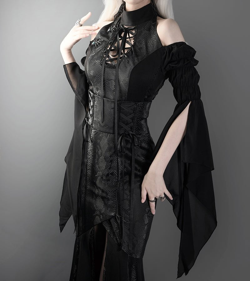 Victorian - Inspired Gothic Black Halter Dress with Bell Sleeves and Lace - Up – Long Sleeves Evening Gown Plus Size - WonderlandByLilian
