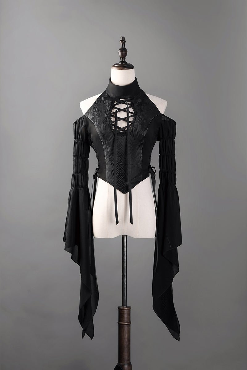 Victorian - Inspired Gothic Black Halter Dress with Bell Sleeves and Lace - Up – Long Sleeves Evening Gown Plus Size - WonderlandByLilian