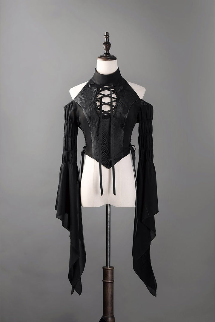 Victorian - Inspired Gothic Black Halter Dress with Bell Sleeves and Lace - Up – Long Sleeves Evening Gown Plus Size - WonderlandByLilian