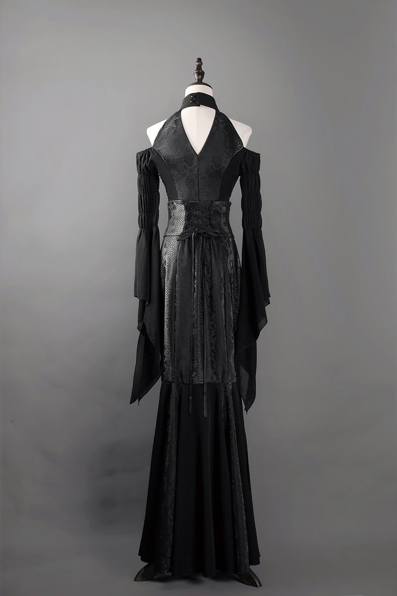 Victorian - Inspired Gothic Black Halter Dress with Bell Sleeves and Lace - Up – Long Sleeves Evening Gown Plus Size - WonderlandByLilian