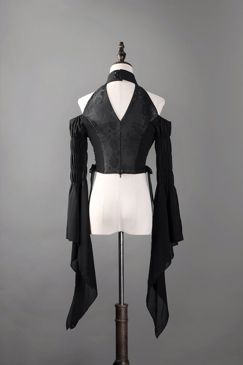 Victorian - Inspired Gothic Black Halter Dress with Bell Sleeves and Lace - Up – Long Sleeves Evening Gown Plus Size - WonderlandByLilian