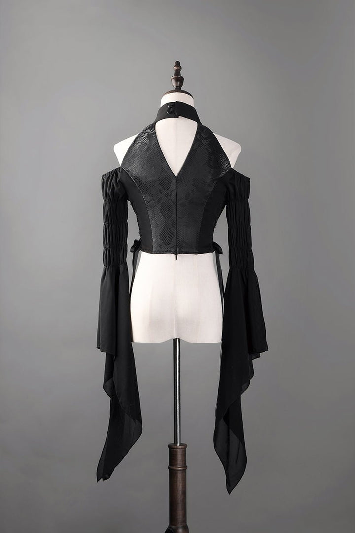 Victorian - Inspired Gothic Black Halter Dress with Bell Sleeves and Lace - Up – Long Sleeves Evening Gown Plus Size - WonderlandByLilian
