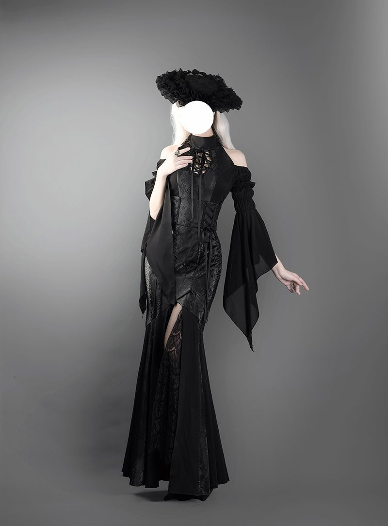 Victorian - Inspired Gothic Black Halter Dress with Bell Sleeves and Lace - Up – Long Sleeves Evening Gown Plus Size - WonderlandByLilian