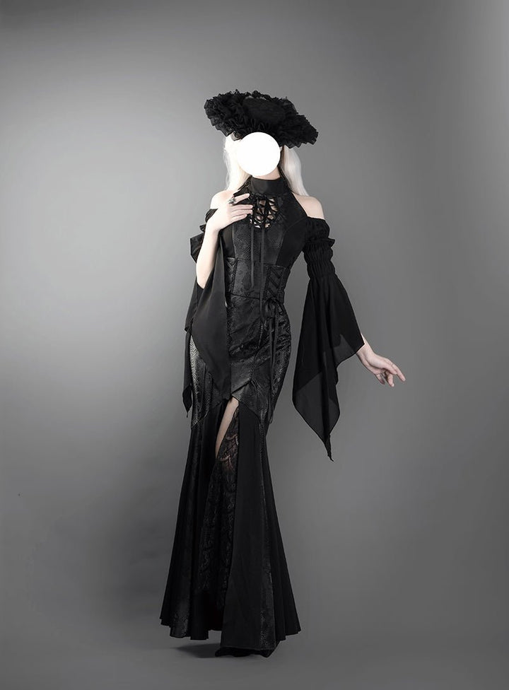 Victorian - Inspired Gothic Black Halter Dress with Bell Sleeves and Lace - Up – Long Sleeves Evening Gown Plus Size - WonderlandByLilian