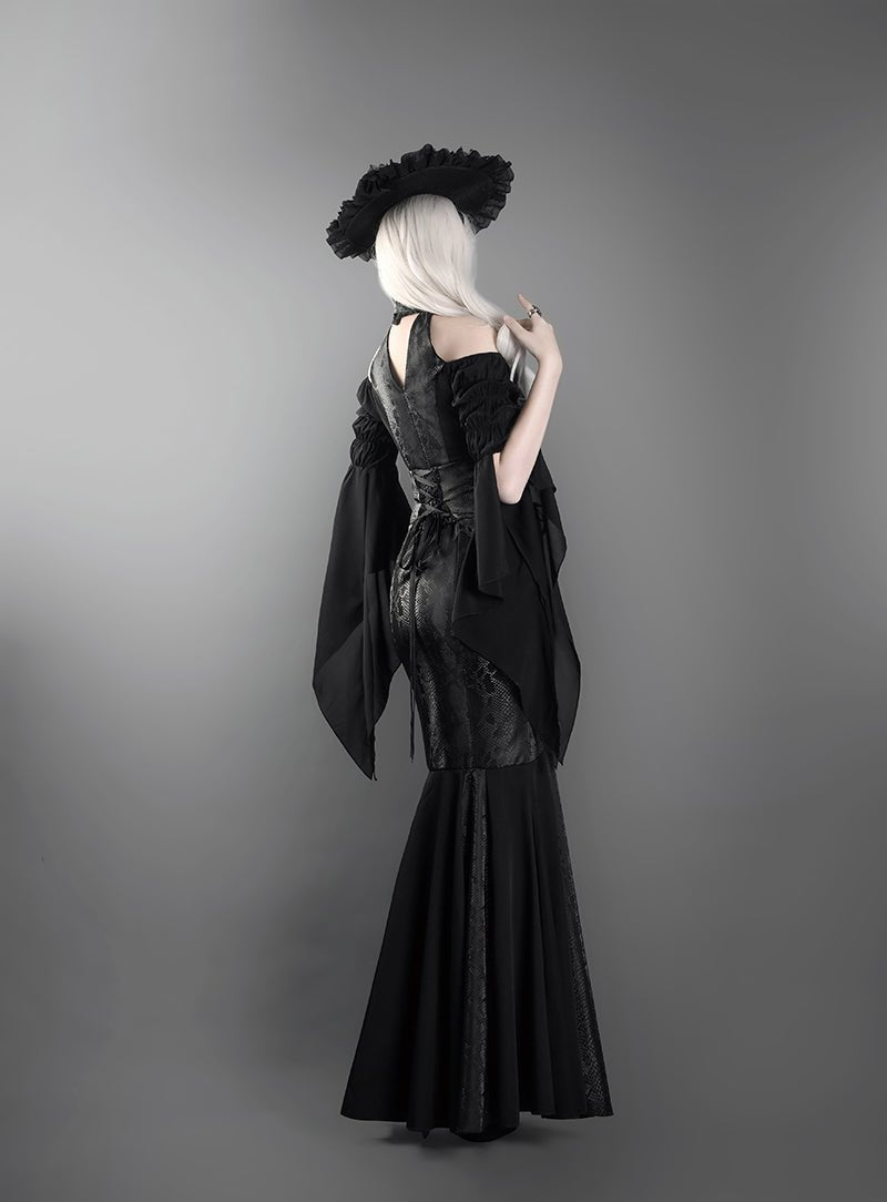 Victorian - Inspired Gothic Black Halter Dress with Bell Sleeves and Lace - Up – Long Sleeves Evening Gown Plus Size - WonderlandByLilian