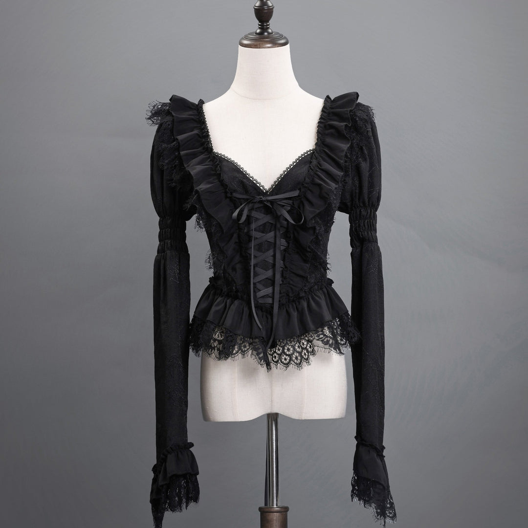 Victorian - Inspired Gothic Black Lace Ball Gown with Long Sleeves and Corset Back – Baroque - Inspired Mourning Dress Plus Size - WonderlandByLilian