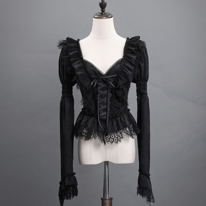 Victorian - Inspired Gothic Black Lace Ball Gown with Long Sleeves and Corset Back – Baroque - Inspired Mourning Dress Plus Size - WonderlandByLilian