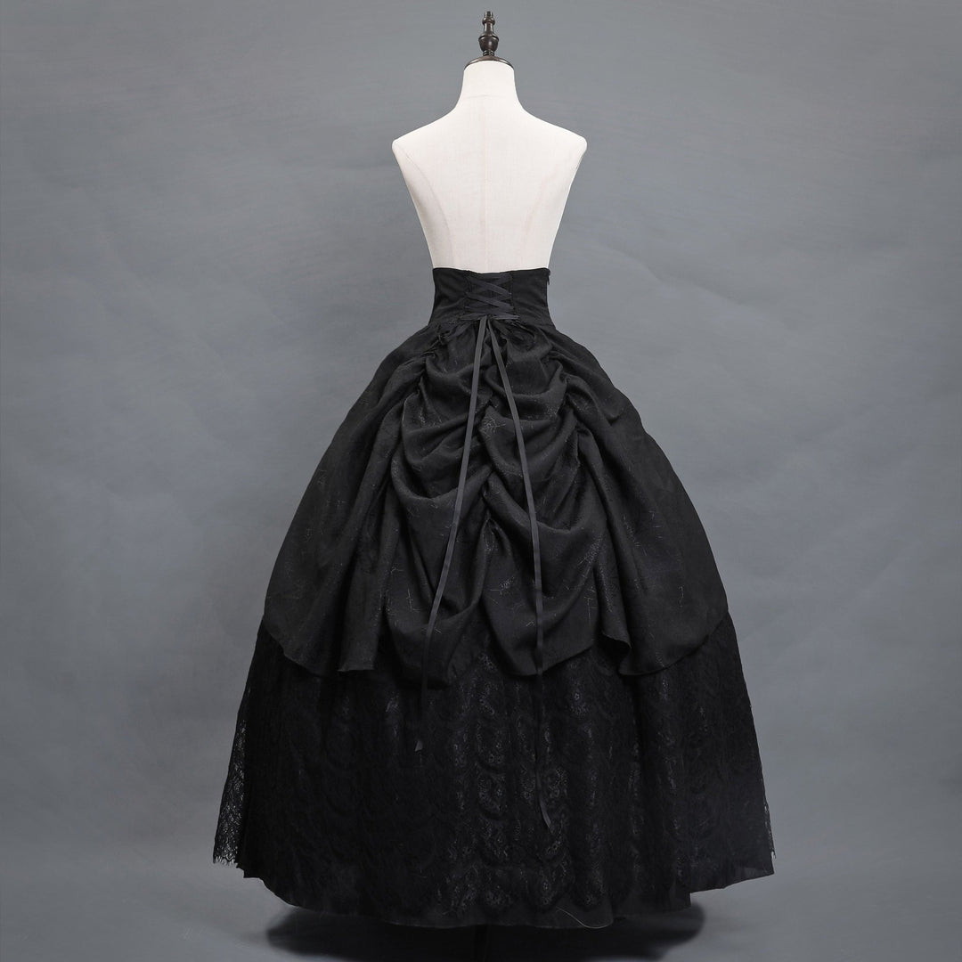 black mourning dress Victorian-Inspired Gothic Black Lace Ball Gown with Long Sleeves and Corset Back – Baroque-Inspired Mourning Dress Plus Size Size 0 / Black