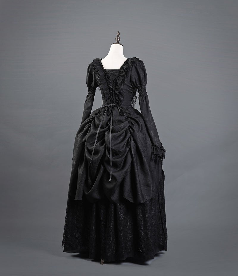 Victorian - Inspired Gothic Black Lace Ball Gown with Long Sleeves and Corset Back – Baroque - Inspired Mourning Dress Plus Size - WonderlandByLilian