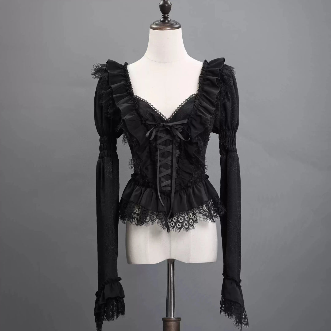 Victorian - Inspired Gothic Black Lace Ball Gown with Long Sleeves and Corset Back – Baroque - Inspired Mourning Dress Plus Size - WonderlandByLilian