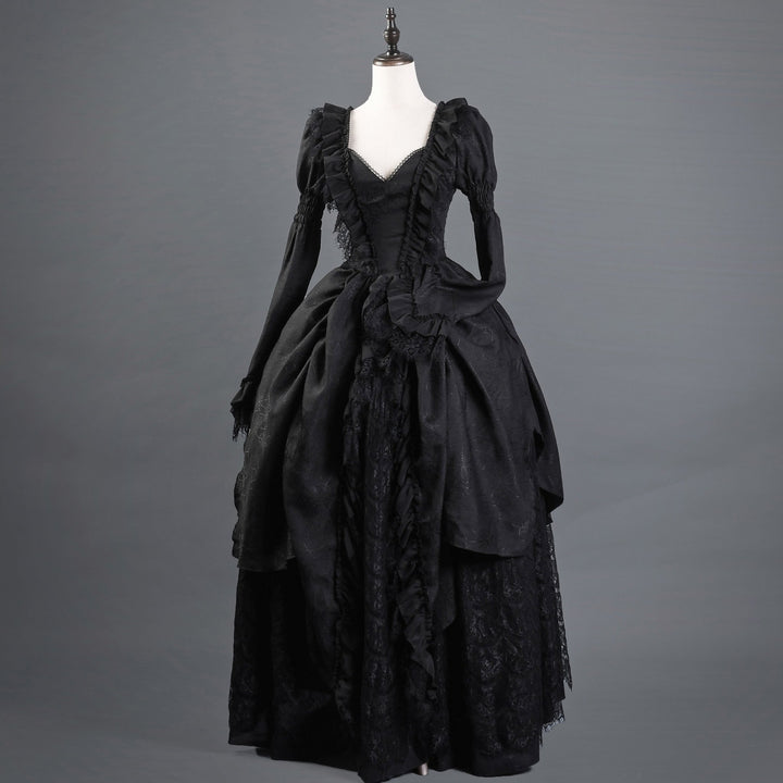Victorian - Inspired Gothic Black Lace Ball Gown with Long Sleeves and Corset Back – Baroque - Inspired Mourning Dress Plus Size - WonderlandByLilian