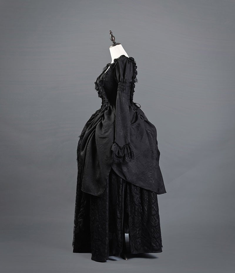 black mourning dress Victorian-Inspired Gothic Black Lace Ball Gown with Long Sleeves and Corset Back – Baroque-Inspired Mourning Dress Plus Size Size 0 / Black