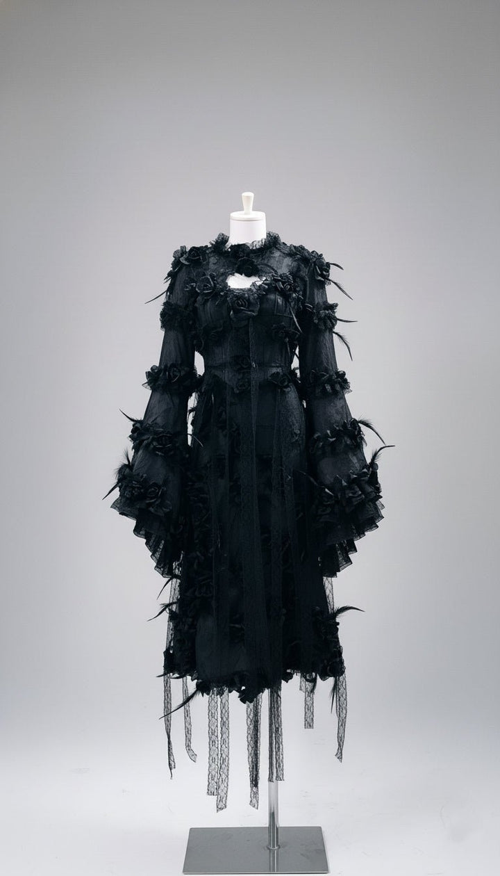 Victorian - Inspired Gothic Black Lace Dress with Rose Appliqué and Bell Sleeves – Gothic Lace Evening Gown Plus Size - WonderlandByLilian
