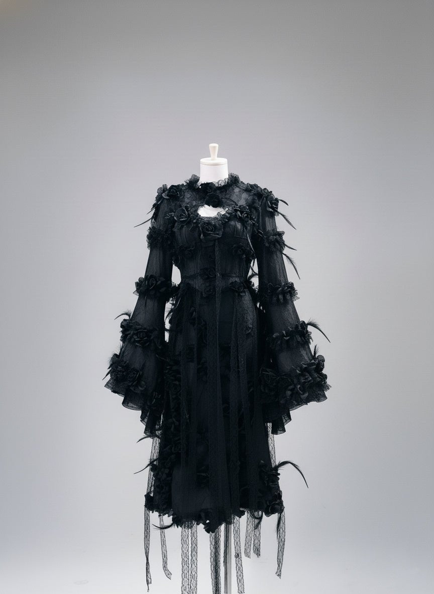 Victorian - Inspired Gothic Black Lace Dress with Rose Appliqué and Bell Sleeves – Gothic Lace Evening Gown Plus Size - WonderlandByLilian