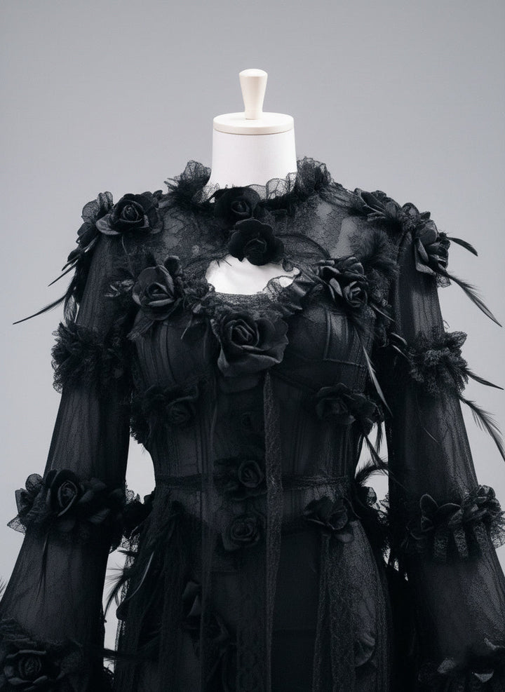 Victorian - Inspired Gothic Black Lace Dress with Rose Appliqué and Bell Sleeves – Gothic Lace Evening Gown Plus Size - WonderlandByLilian