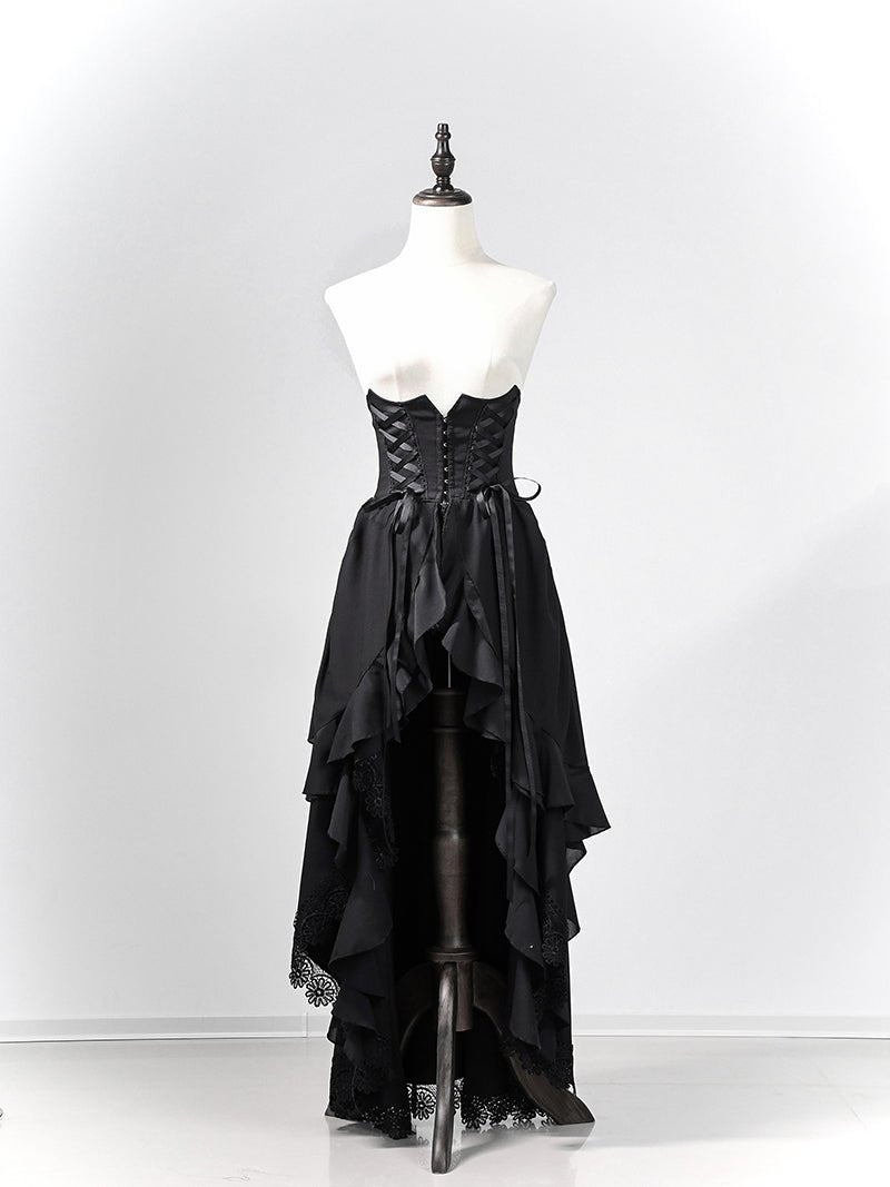 Victorian - Inspired Gothic Black Lace High Neck Ball Gown with Tiered Ruffled Skirt – Corset Back Evening Dress Plus Size - WonderlandByLilian