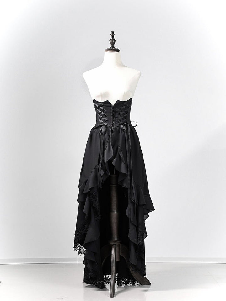 Victorian - Inspired Gothic Black Lace High Neck Ball Gown with Tiered Ruffled Skirt – Corset Back Evening Dress Plus Size - WonderlandByLilian