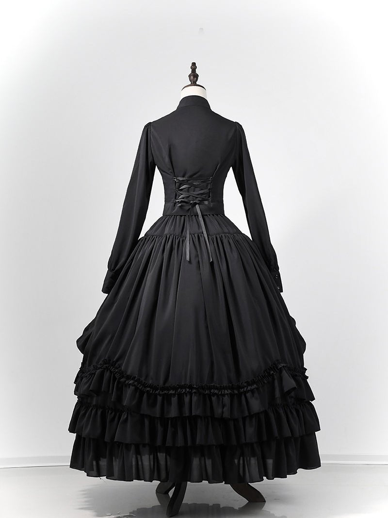 Victorian - Inspired Gothic Black Lace High Neck Ball Gown with Tiered Ruffled Skirt – Corset Back Evening Dress Plus Size - WonderlandByLilian