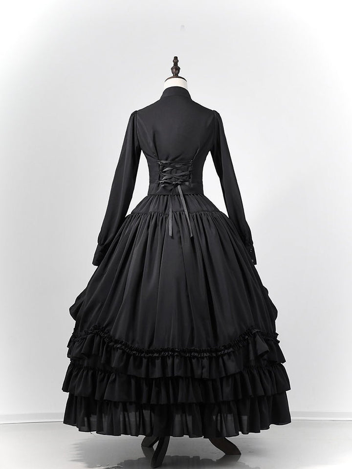 Victorian - Inspired Gothic Black Lace High Neck Ball Gown with Tiered Ruffled Skirt – Corset Back Evening Dress Plus Size - WonderlandByLilian