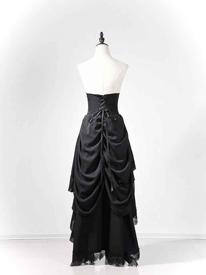 Victorian - Inspired Gothic Black Lace High Neck Ball Gown with Tiered Ruffled Skirt – Corset Back Evening Dress Plus Size - WonderlandByLilian
