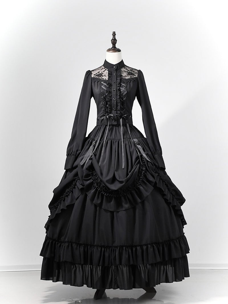 Victorian - Inspired Gothic Black Lace High Neck Ball Gown with Tiered Ruffled Skirt – Corset Back Evening Dress Plus Size - WonderlandByLilian