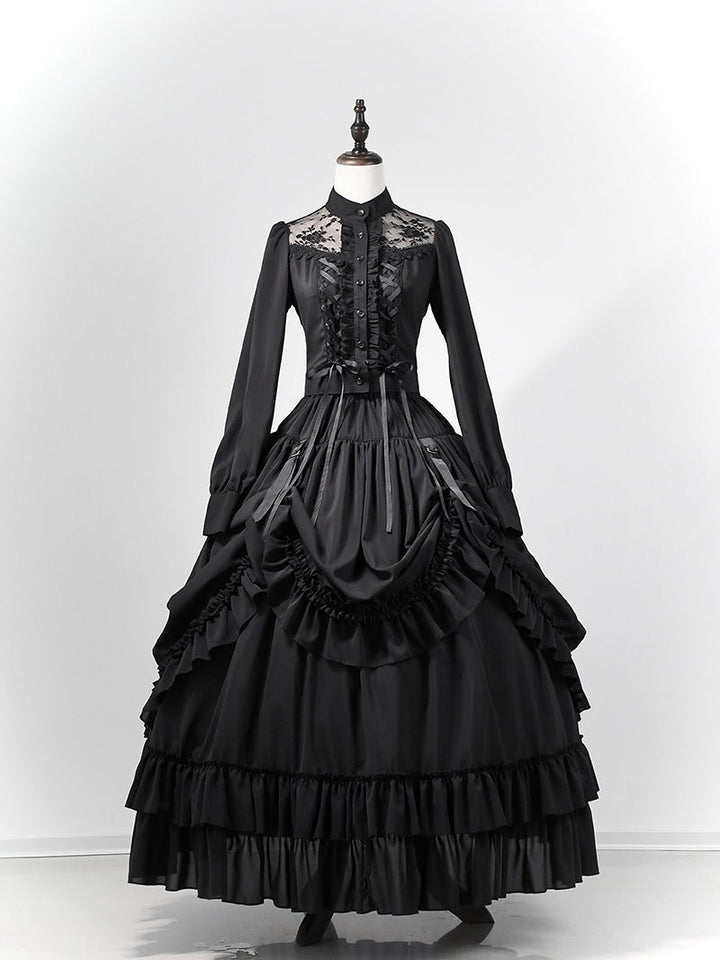 Victorian - Inspired Gothic Black Lace High Neck Ball Gown with Tiered Ruffled Skirt – Corset Back Evening Dress Plus Size - WonderlandByLilian