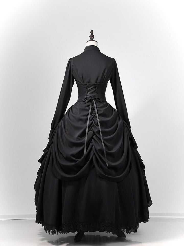 Victorian - Inspired Gothic Black Lace High Neck Ball Gown with Tiered Ruffled Skirt – Corset Back Evening Dress Plus Size - WonderlandByLilian