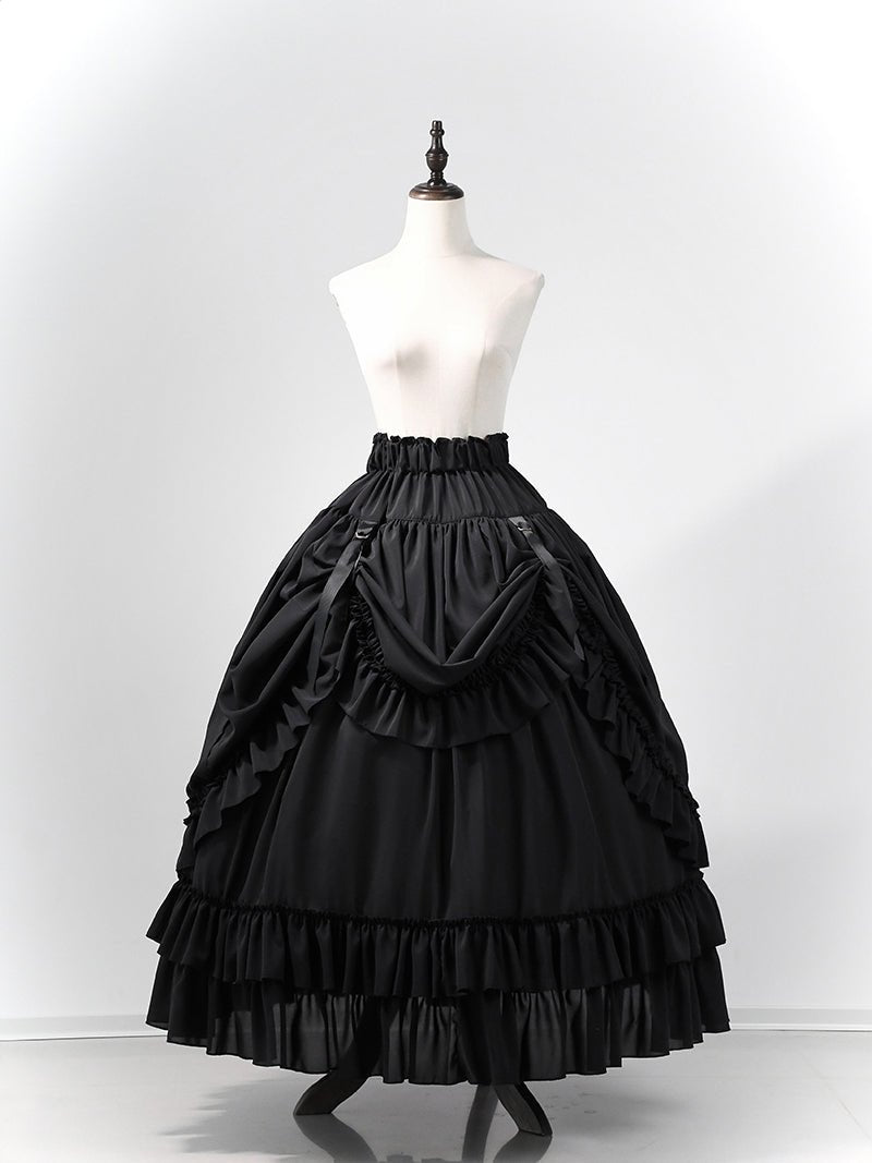 Victorian - Inspired Gothic Black Lace High Neck Ball Gown with Tiered Ruffled Skirt – Corset Back Evening Dress Plus Size - WonderlandByLilian